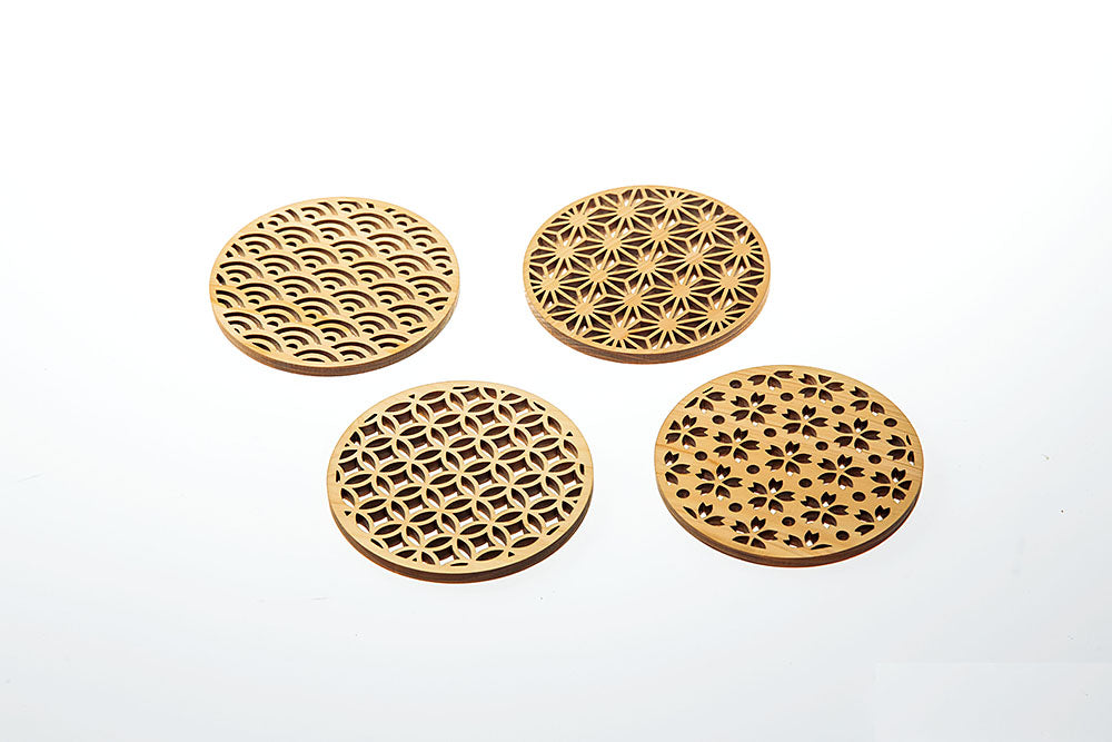 Hinoki Coaster Carving Japanese Traditional Patterns 2pc. Pair - JAPANESE GIFTS