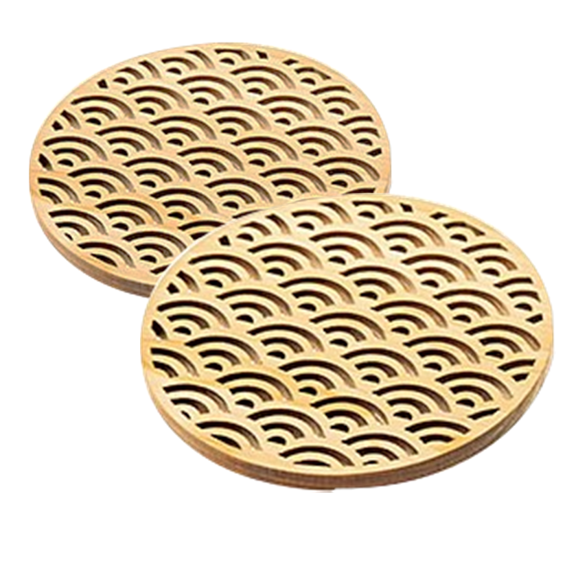 Hinoki Coaster Carving Japanese Traditional Patterns 2pc. Pair - JAPANESE GIFTS