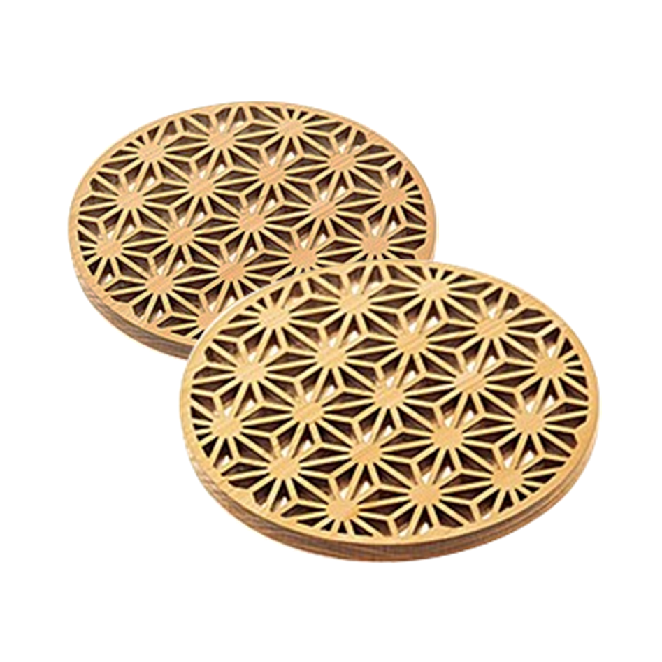 Hinoki Coaster Carving Japanese Traditional Patterns 2pc. Pair - JAPANESE GIFTS