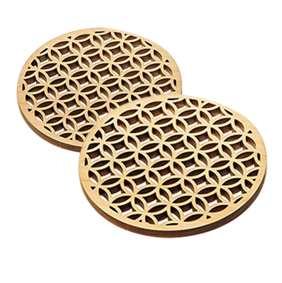 Hinoki Coaster Carving Japanese Traditional Patterns 2pc. Pair - JAPANESE GIFTS