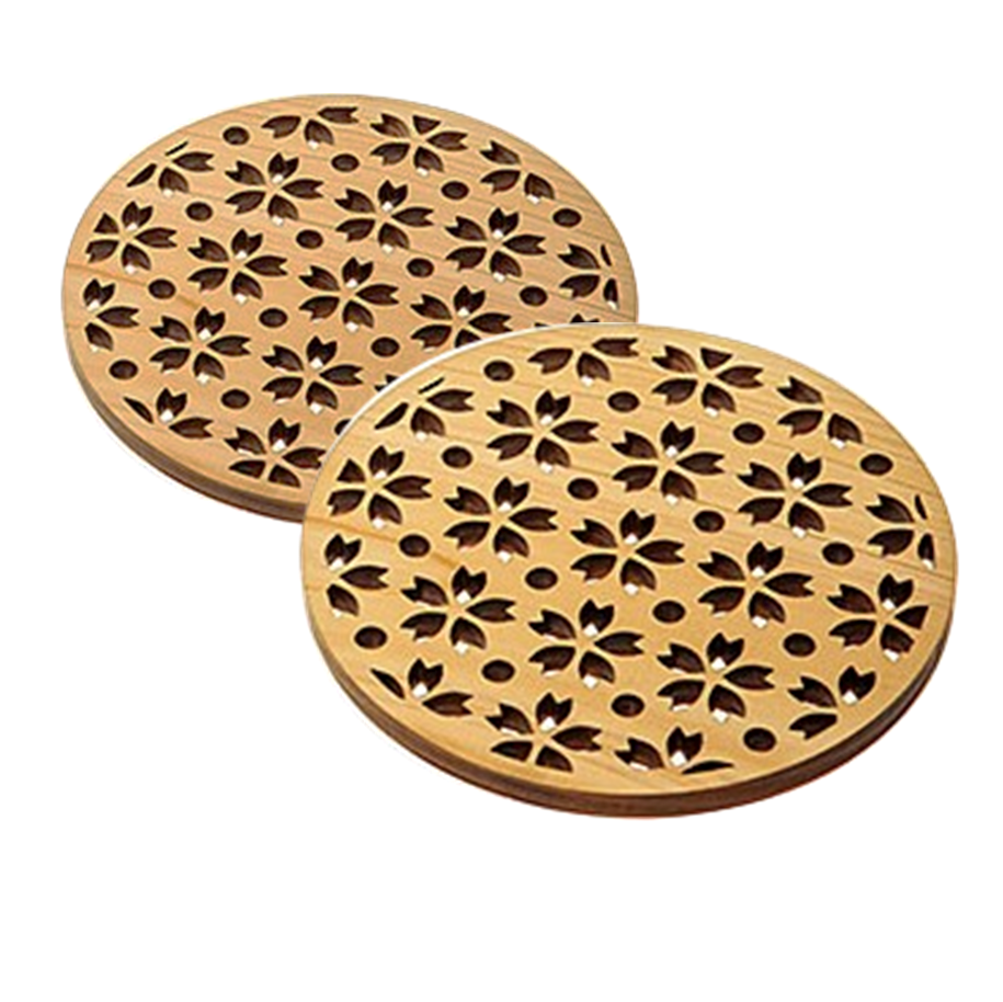 Hinoki Coaster Carving Japanese Traditional Patterns 2pc. Pair - JAPANESE GIFTS