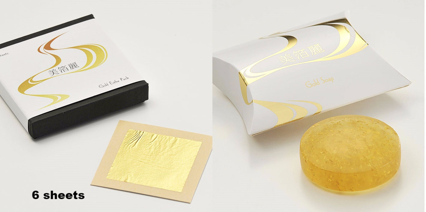 Gold Facial Soap 1 pc & Gold Aesthetic Leaf (6 sheets) set - JAPANESE GIFTS