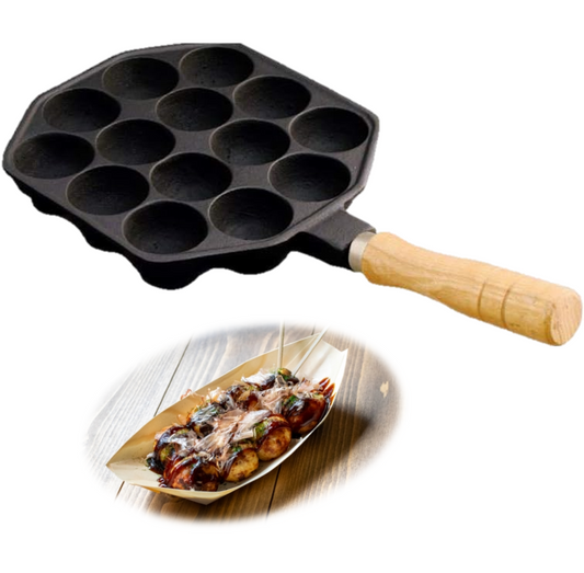 Ikenaga Ironworks Takoyaki Plate Pan 14 Holes Gas cooktops Use Cast Iron Plate with wood grip