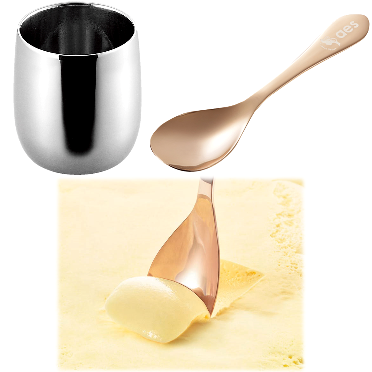 [Ice Cream July] Stainless Steel Cup Double-Walled  Copper Spoon Thermal Conduction - JAPANESE GIFTS 